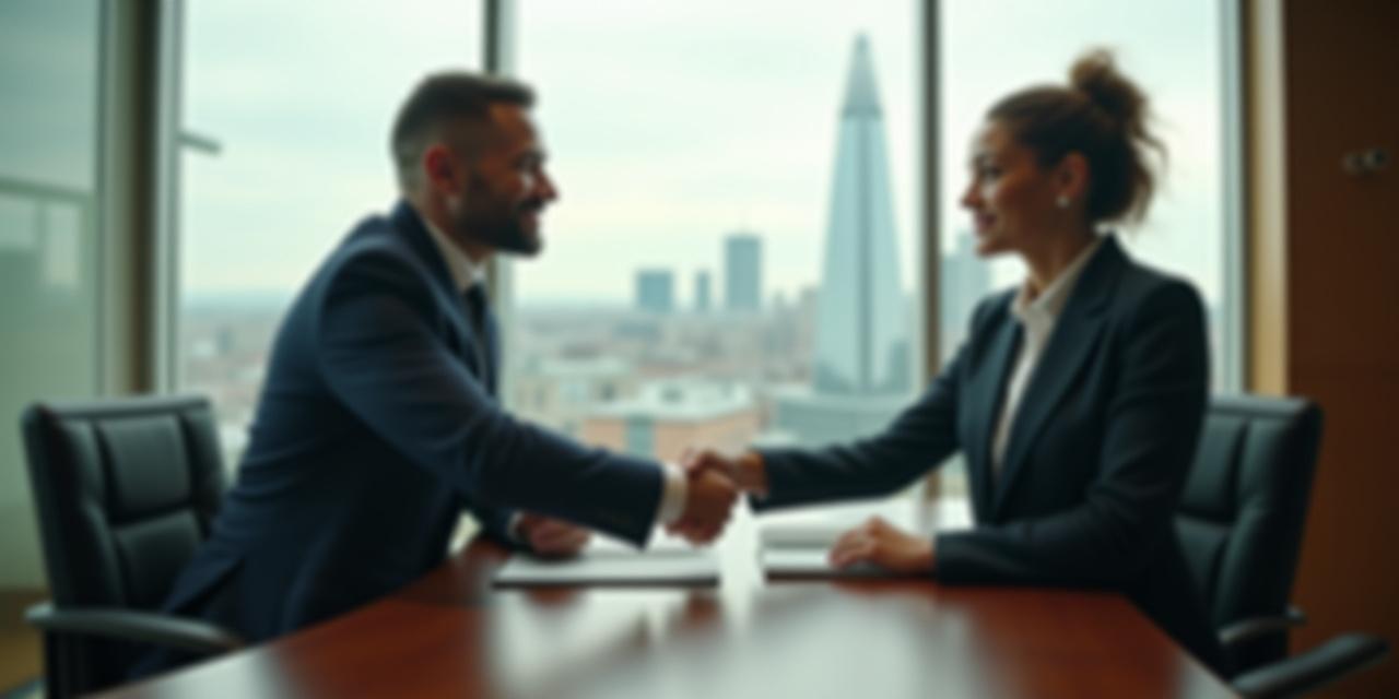 Two professionals shaking hands in a London office with a blurred city skyline background
